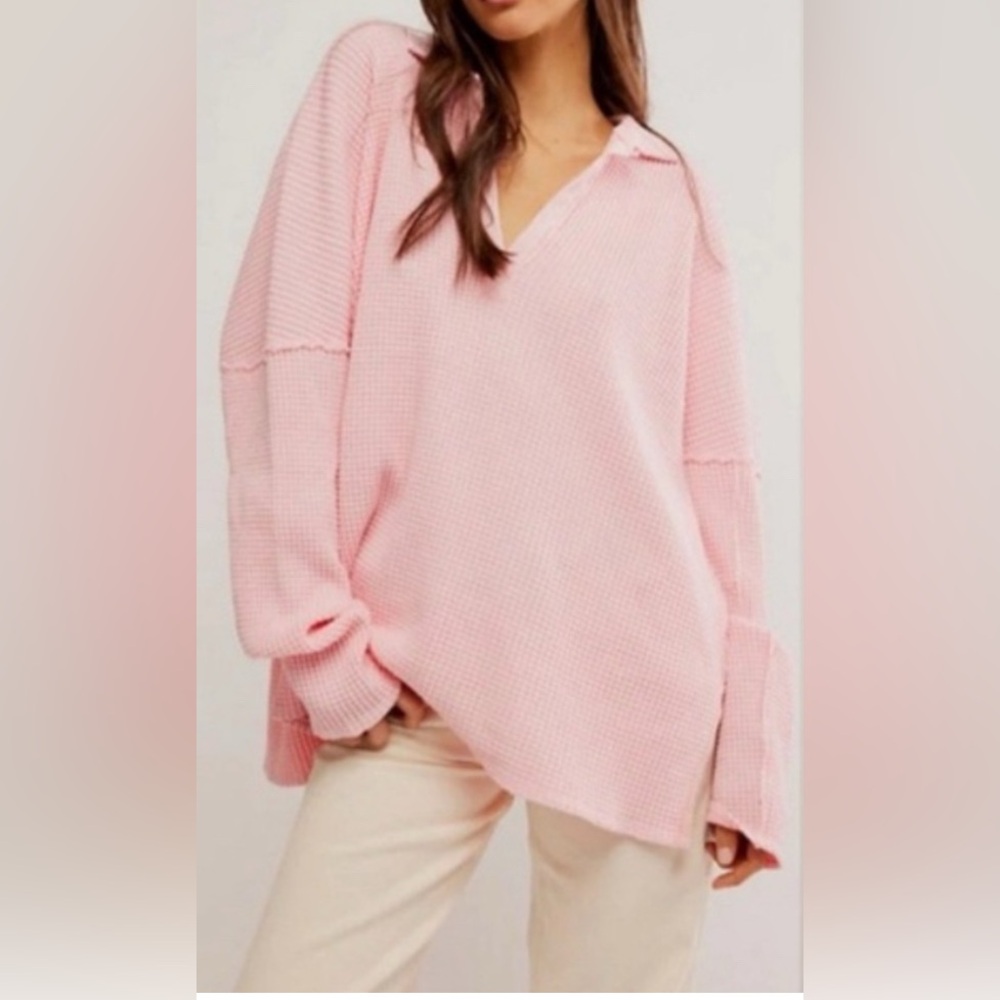 We the Free Thermal Oversized Collared Top Travis Waffle Polo Size Small Pink - Picture 7 of 7
